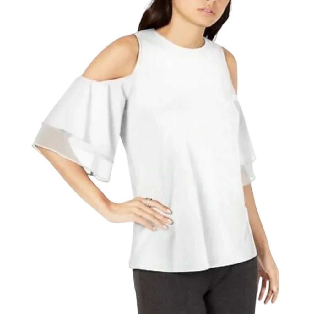 Michael Kors Women's White Double Flounce Sleeve Cold-Shoulder Top Small